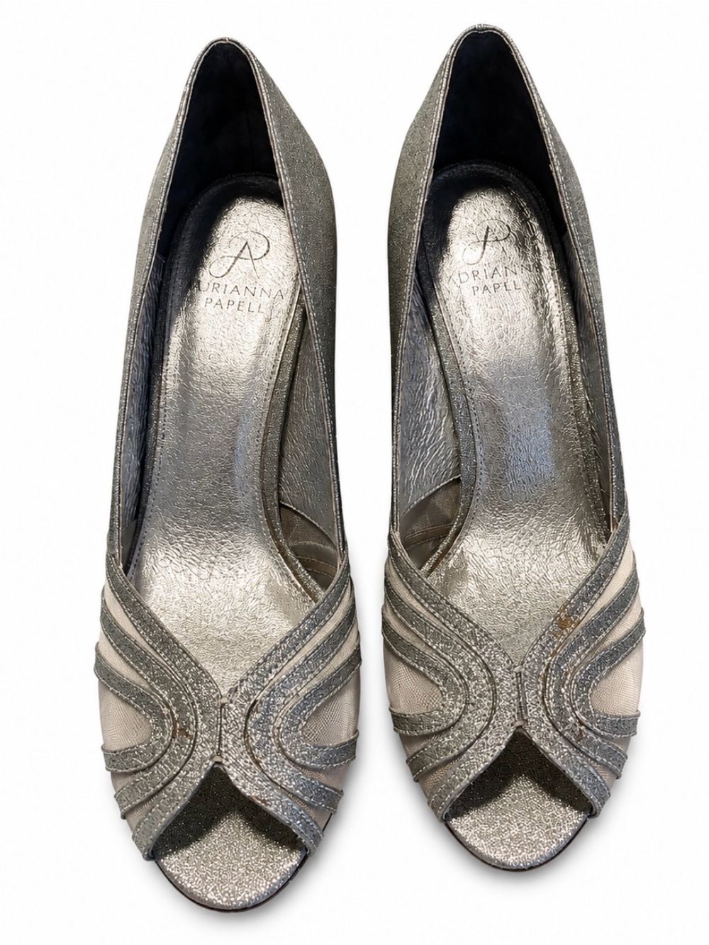 Adrianna Papell Metallic Silver Peep-Toe Heels